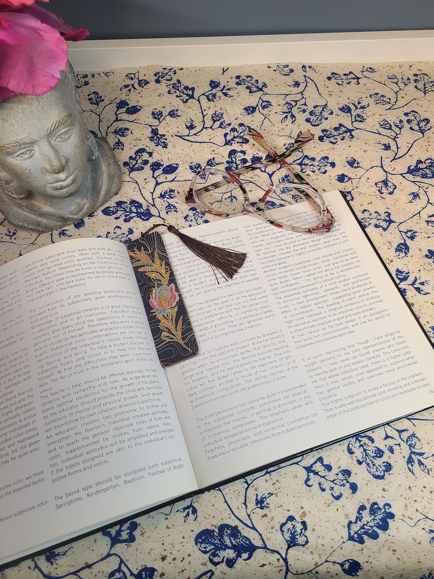 Handmade Tassel Bookmark | Black, Gold, Pink, Blue, Vintage Floral | Multimedia Collage Bookmark | Art | Unique Book Lover Gift |OOAK