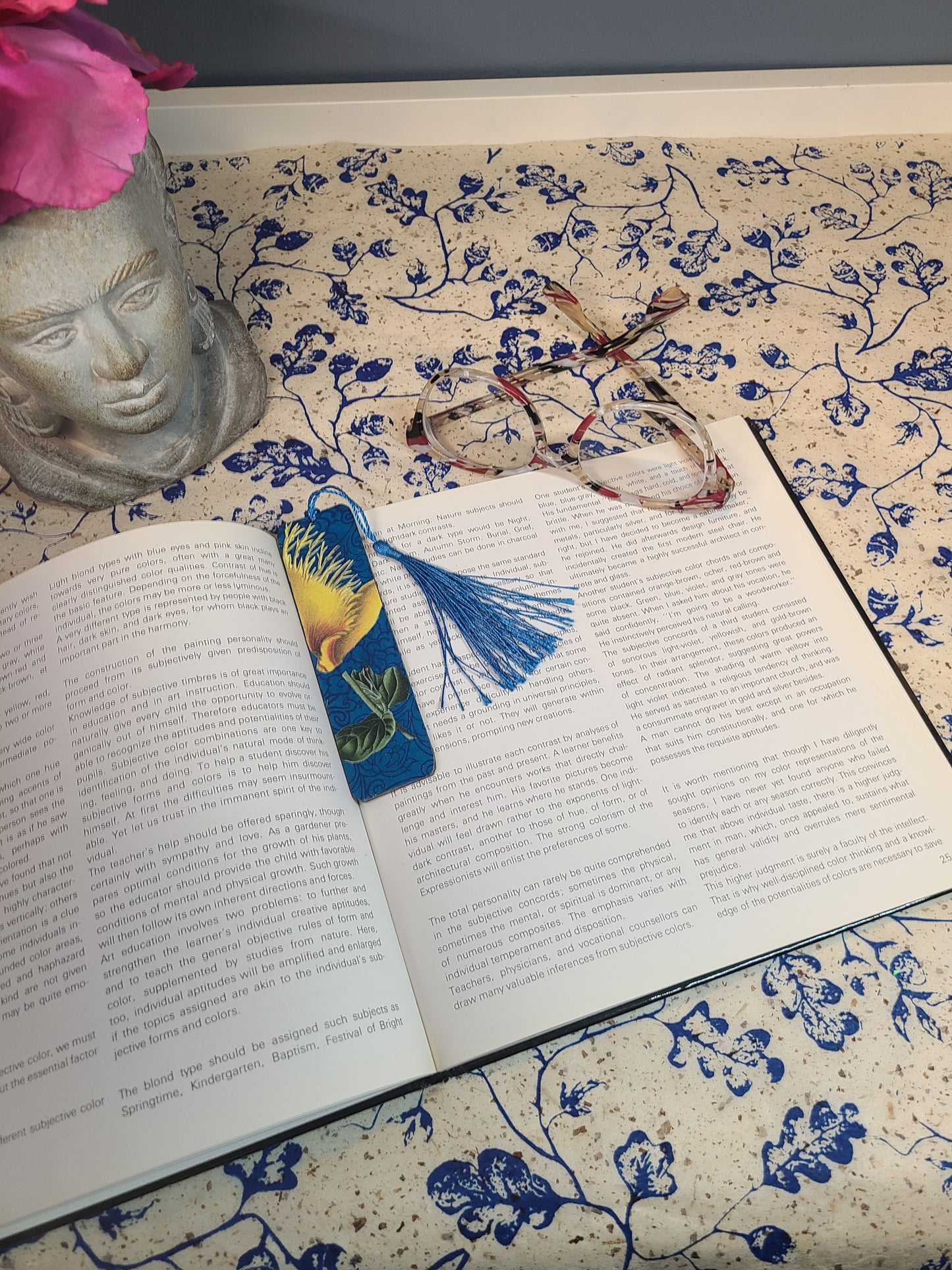 Handmade Tassel Bookmark | Blue, Yellow, Green, Floral | Multimedia Collage Bookmark | Art | Unique Book Lover Gift |OOAK