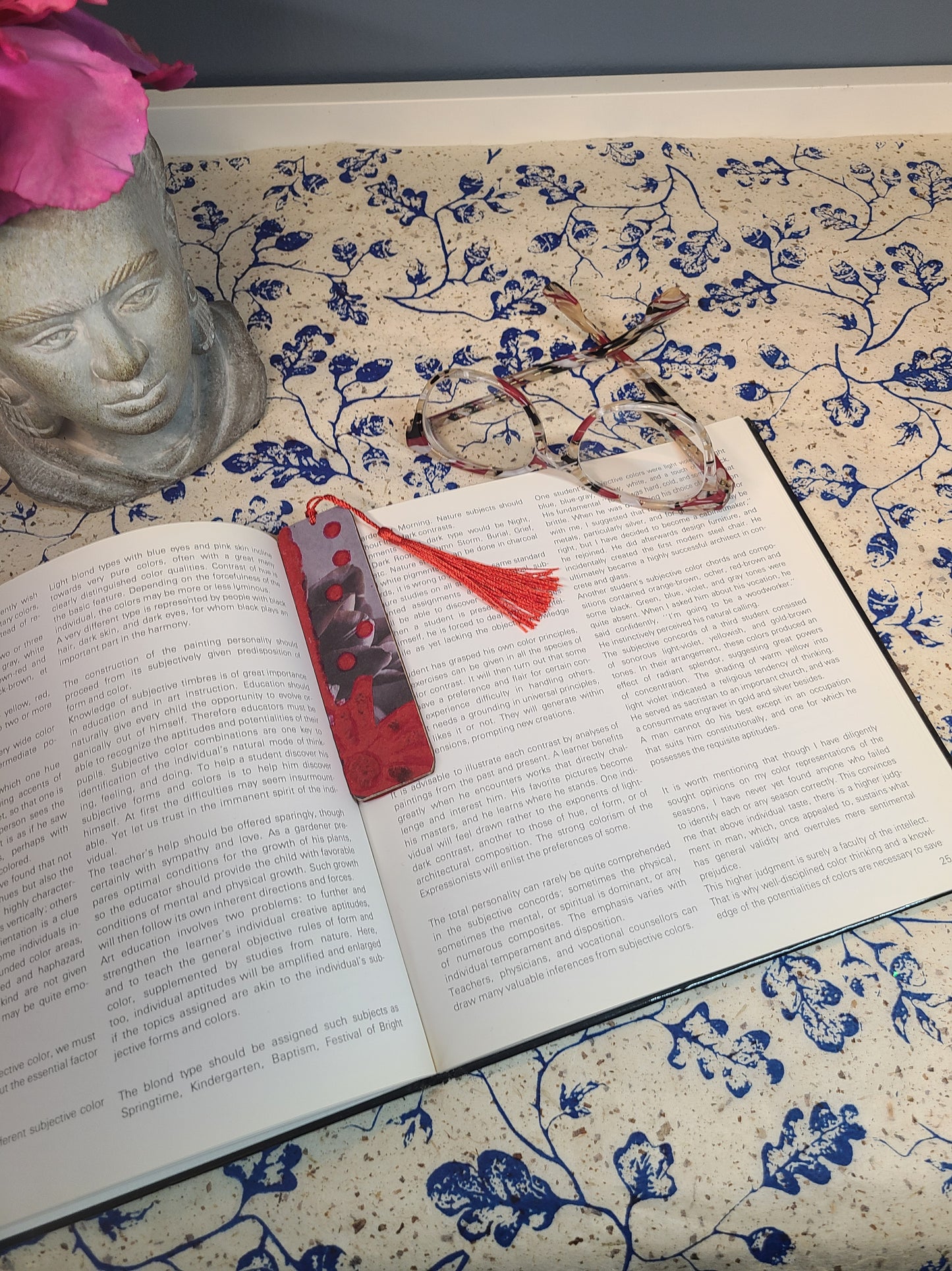 Handmade Tassel Bookmark | Red, Grey, Floral | Multimedia Collage Bookmark | Art | Unique Book Lover Gift |OOAK