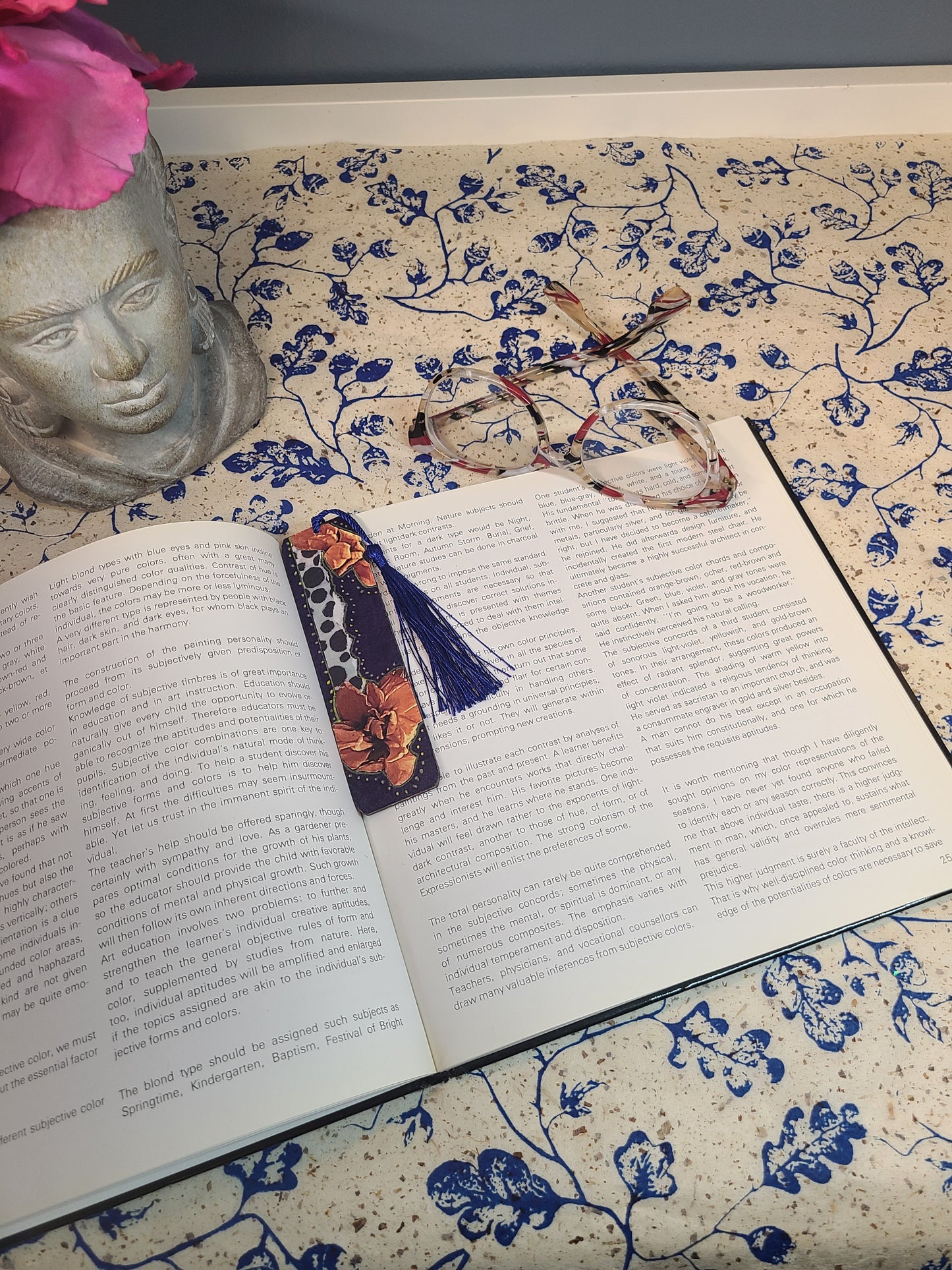 Handmade Tassel Bookmark | Blue, Orange, Yellow, Floral | Multimedia Collage Bookmark | Art | Unique Book Lover Gift |OOAK