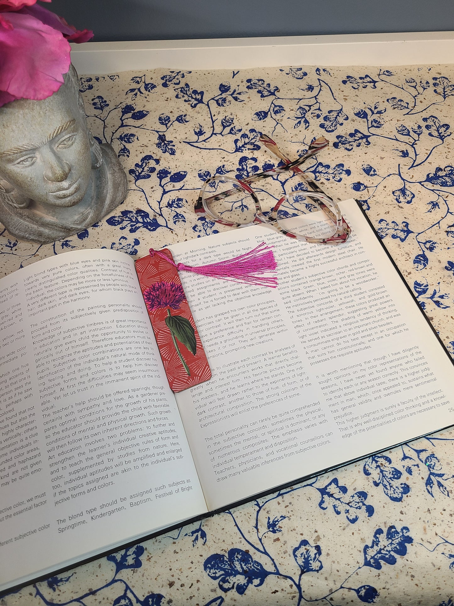 Handmade Tassel Bookmark | Red, Hot Pink, Green, Floral | Multimedia Collage Bookmark | Art | Unique Book Lover Gift |OOAK