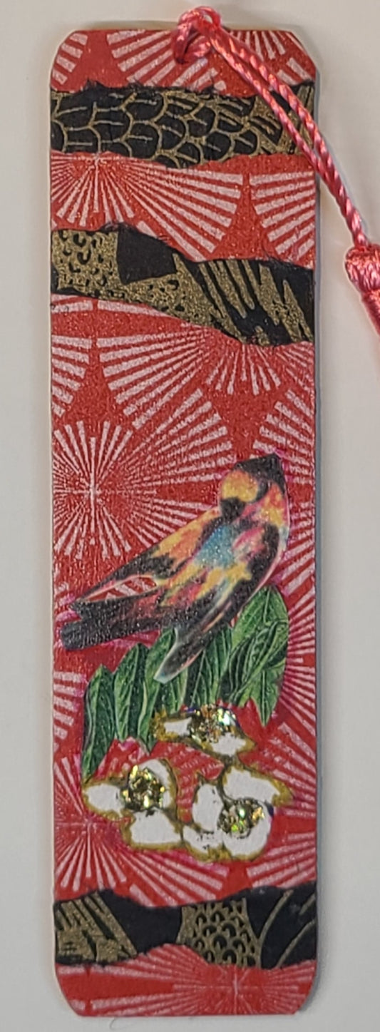 Handmade Tassel Bookmark | Pink, Blue, Black, Green, Bird, Floral | Multimedia Collage Bookmark | Art | Unique Book Lover Gift |OOAK