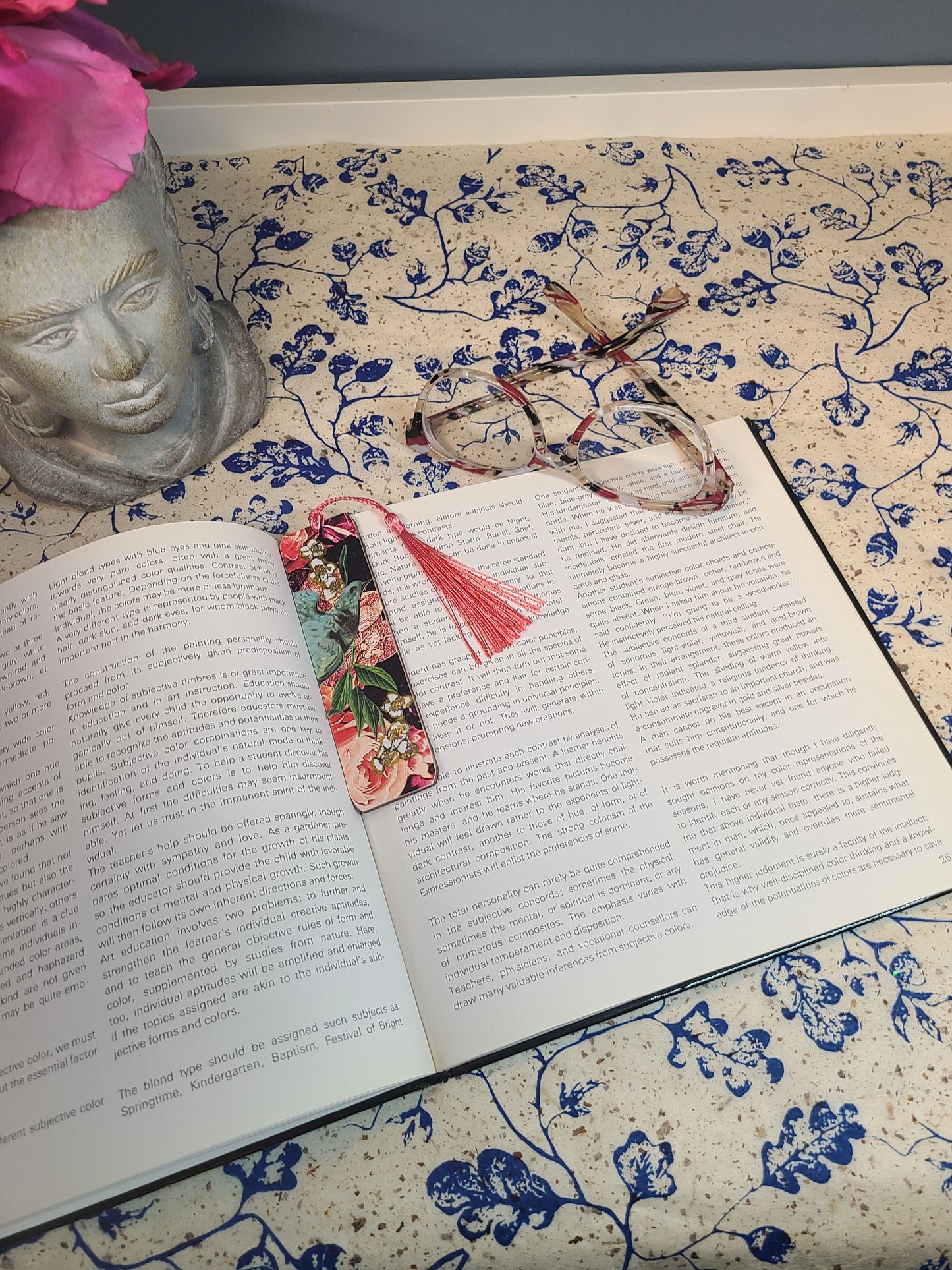 Handmade Tassel Bookmark | Pink, Blue, Black, Green, Bird, Floral | Multimedia Collage Bookmark | Art | Unique Book Lover Gift |OOAK