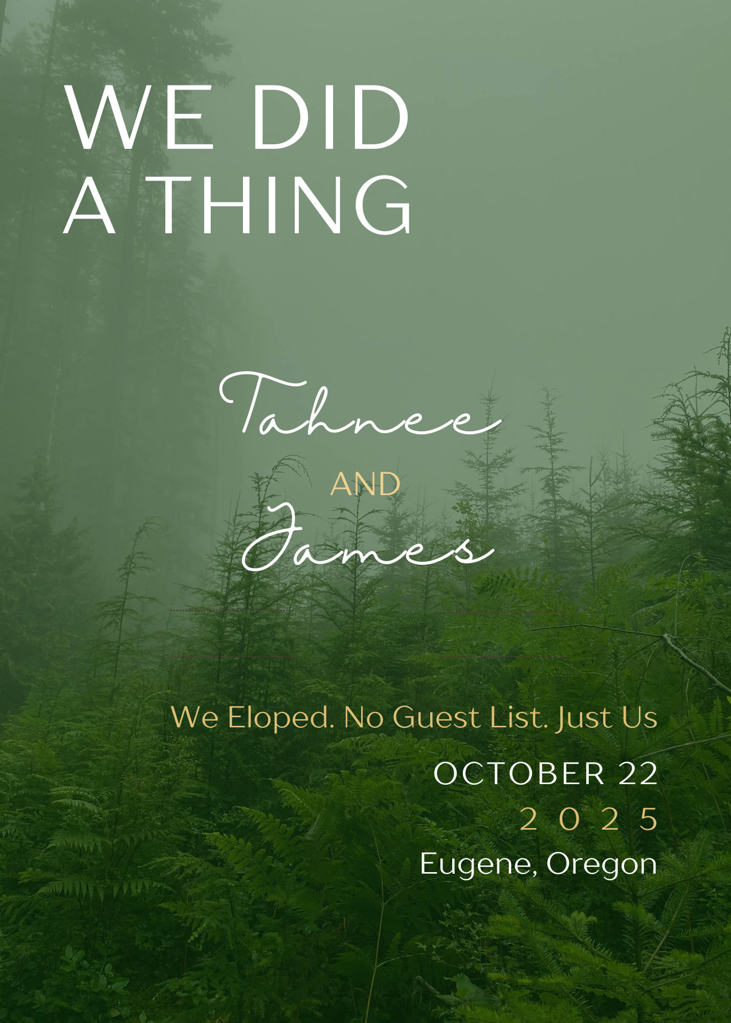Wedding Elopement & Party Announcement - Misty Forest Theme - 5"x 7"