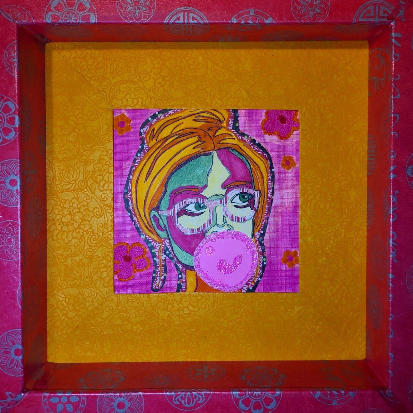 Bubble Gum Girl 1 - Multi-media Art Piece - Decoupaged Frame