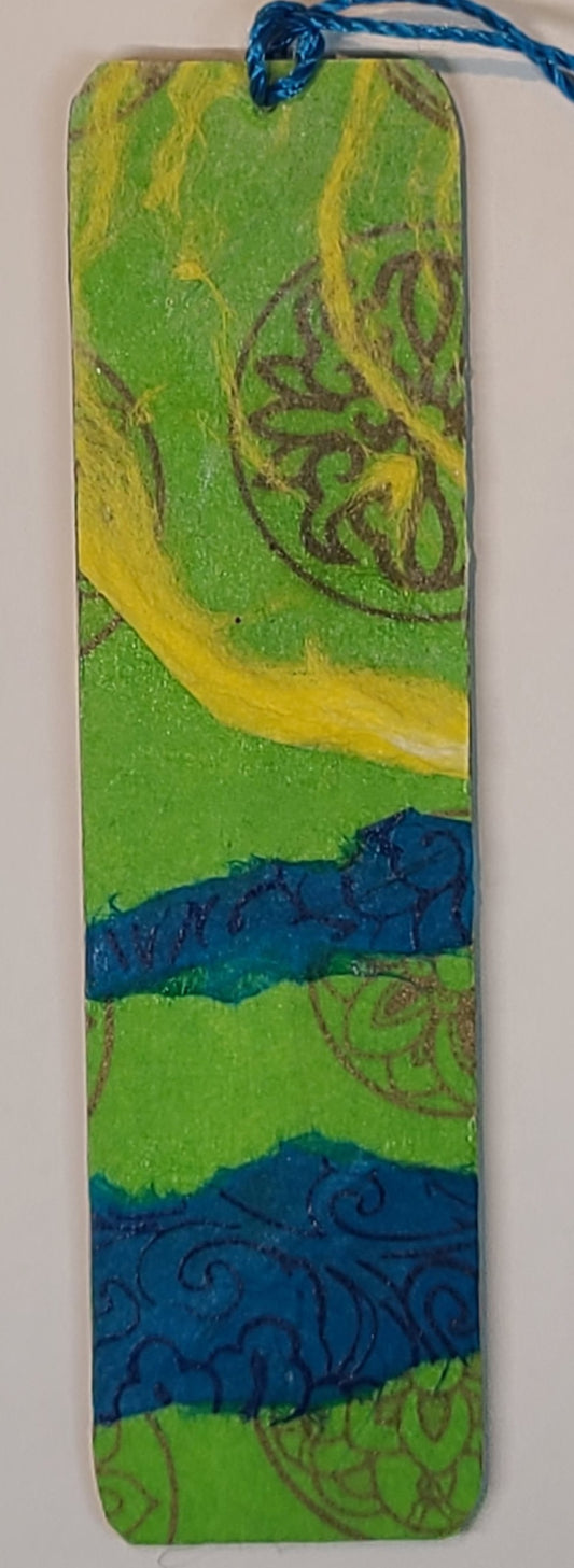 Handmade Tassel Bookmark | Blue, Yellow, Green, Floral | Multimedia Collage Bookmark | Art | Unique Book Lover Gift |OOAK