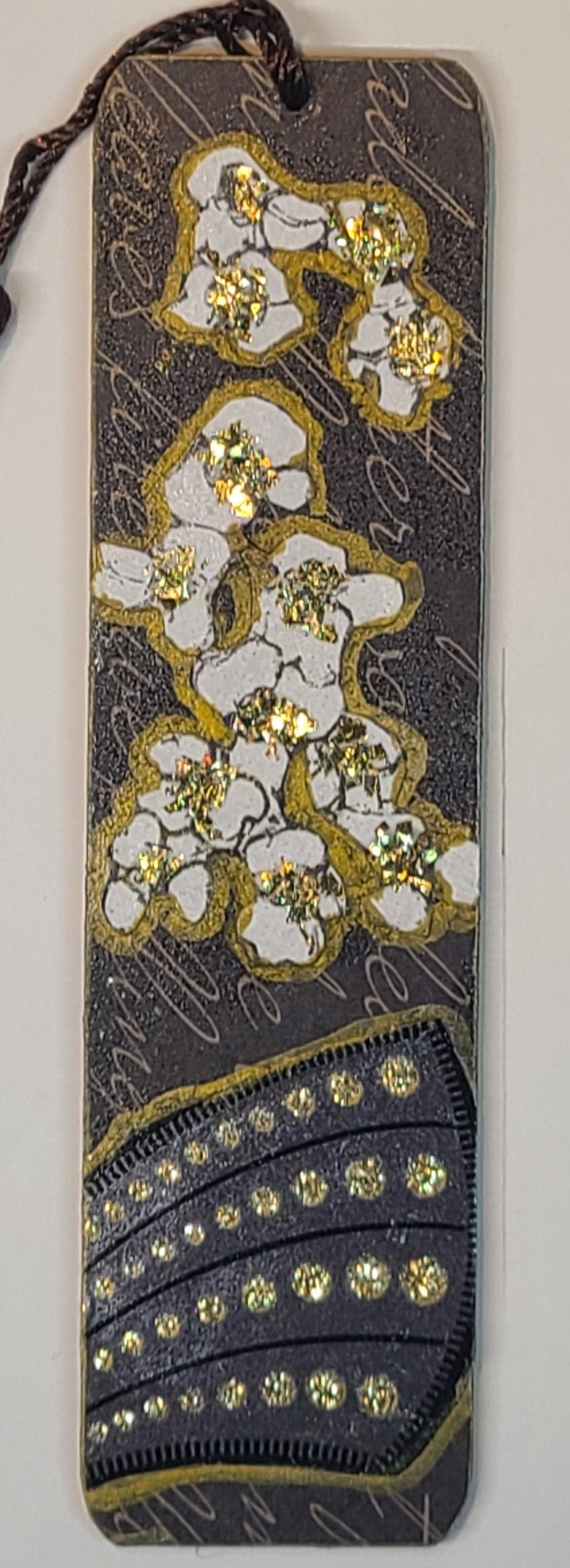Handmade Tassel Bookmark | Cherry Blossom Black, Grey, Gold Glitter | Mixed Media Collage | Art | Unique Book Lover Gift | OOAK