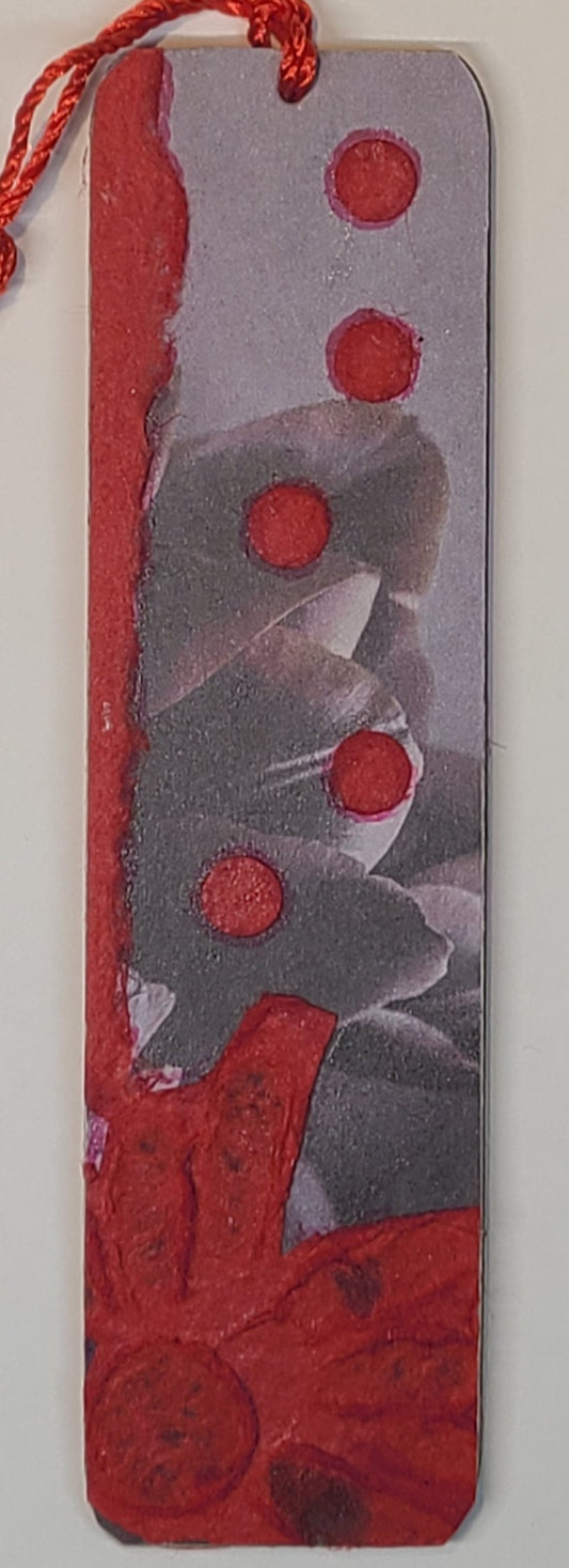 Handmade Tassel Bookmark | Red, Grey, Floral | Multimedia Collage Bookmark | Art | Unique Book Lover Gift |OOAK