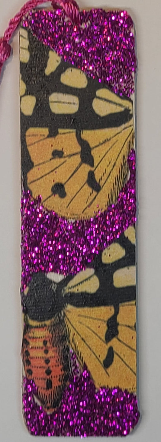 Handmade Tassel Bookmark | Orange, Pink, Glitter, Butterfly | Multimedia Collage Bookmark | Art | Unique Book Lover Gift |OOAK