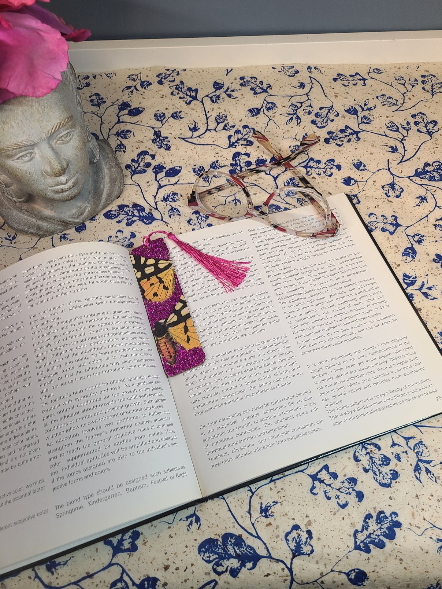 Handmade Tassel Bookmark | Orange, Pink, Glitter, Butterfly | Multimedia Collage Bookmark | Art | Unique Book Lover Gift |OOAK