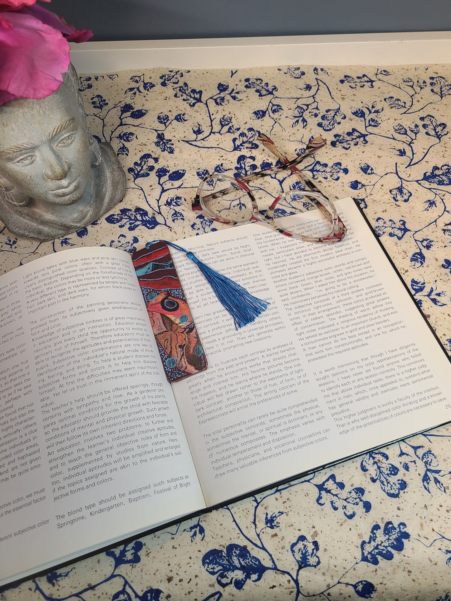 Handmade Tassel Bookmark | Red, Blue, Orange, Abstract | Multimedia Collage Bookmark | Art | Unique Book Lover Gift |OOAK