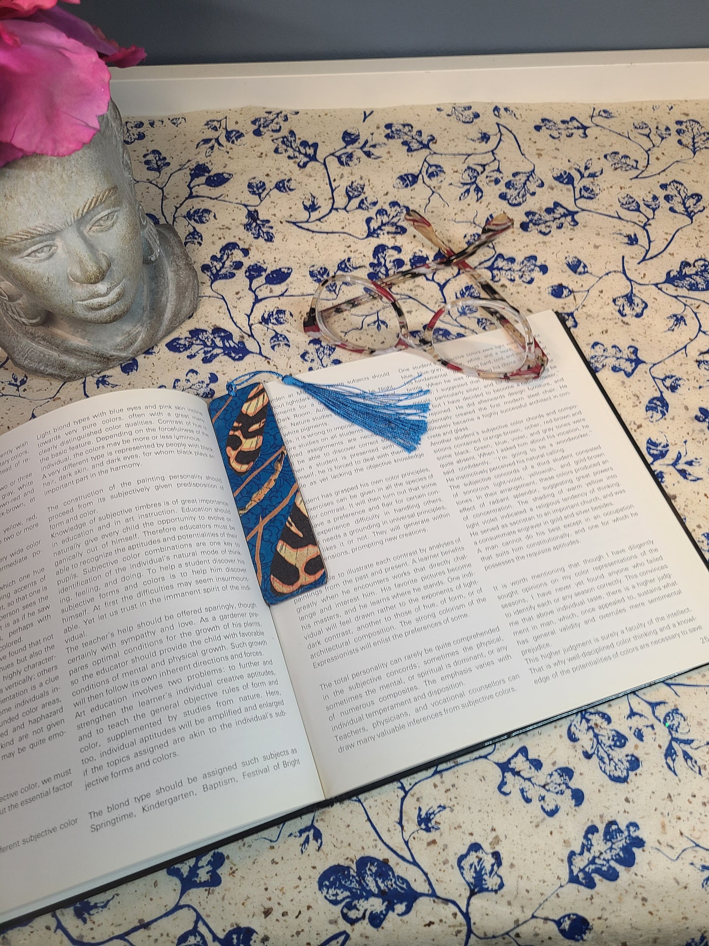 Handmade Tassel Bookmark | Blue, Orange, Bronze, Butterfly | Multimedia Collage Bookmark | Art | Unique Book Lover Gift |OOAK