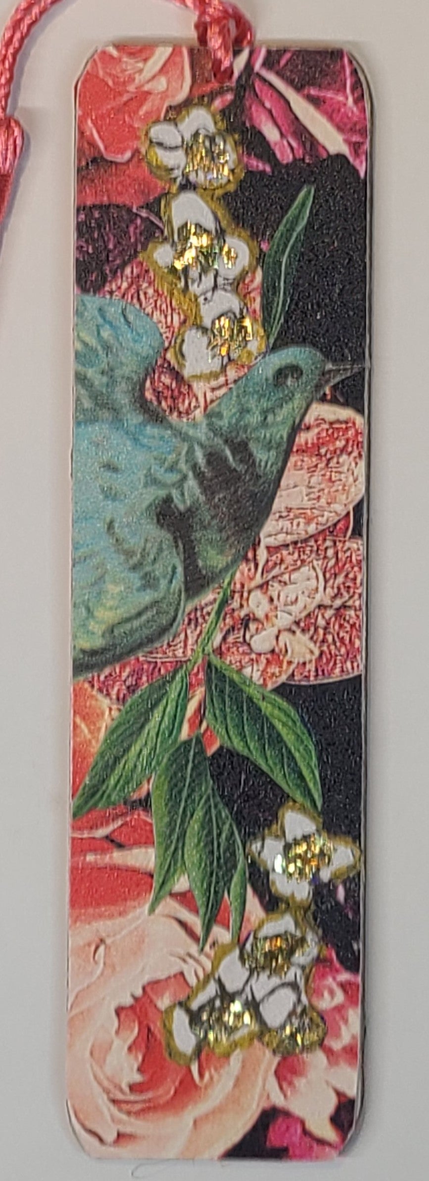 Handmade Tassel Bookmark | Pink, Blue, Black, Green, Bird, Floral | Multimedia Collage Bookmark | Art | Unique Book Lover Gift |OOAK