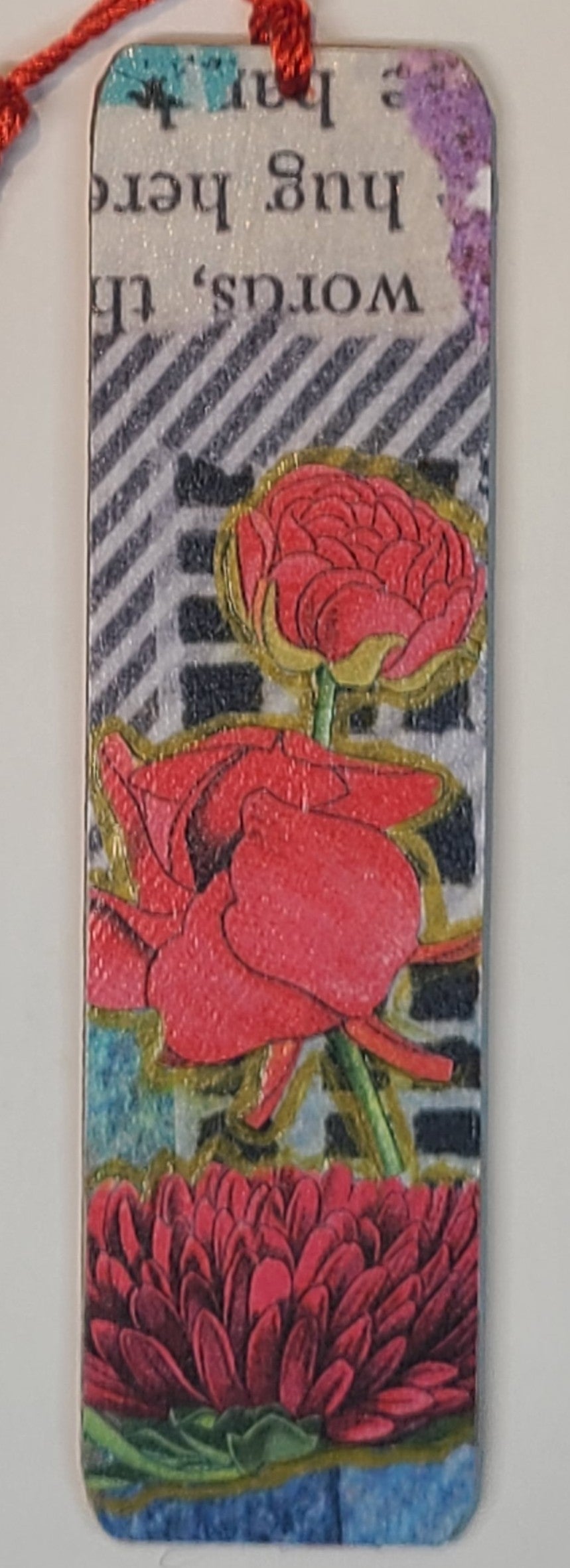 Handmade Tassel Bookmark | Red, Blue, Floral, Abstract | Multimedia Collage Bookmark | Art | Unique Book Lover Gift |OOAK