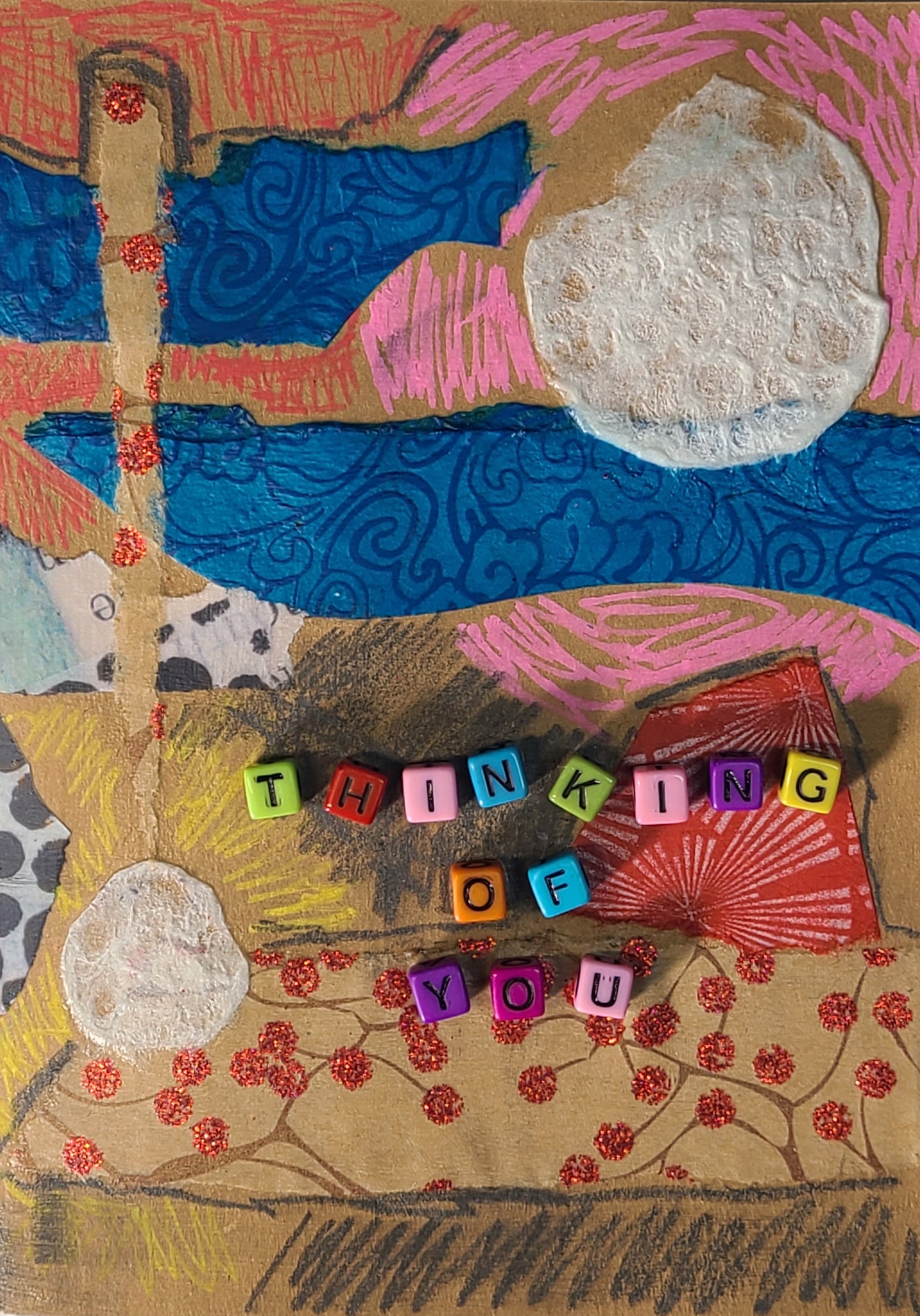 Handmade Multi-media Collage Greeting Cards | Blue, Pink, Red, Abstract | Thinking of You, Special Occasion | OOAK