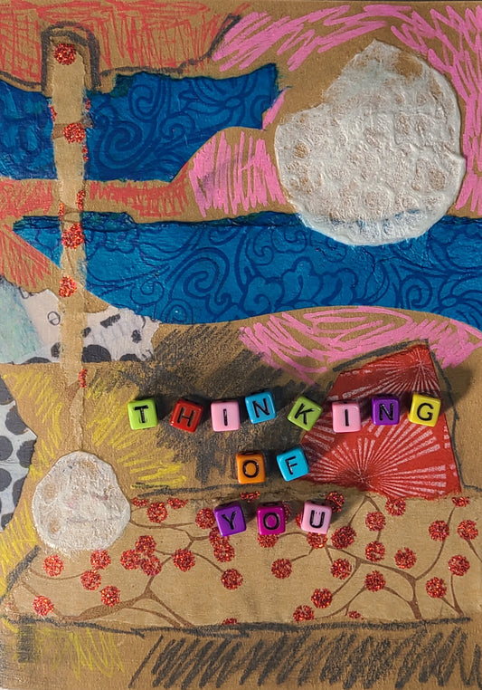 Handmade Multi-media Collage Greeting Cards | Blue, Pink, Red, Abstract | Thinking of You, Special Occasion | OOAK