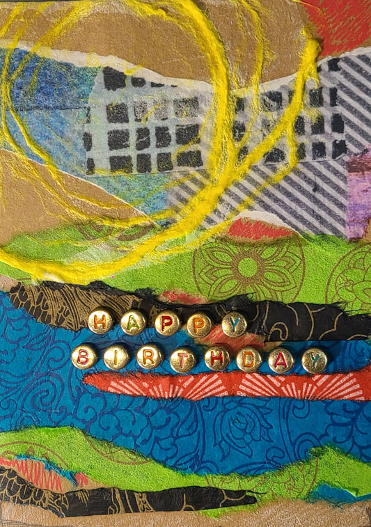 Handmade Multi-media Collage Greeting Cards |Yellow, Blue, Green, Abstract | Birthday, Special Occasion | OOAK