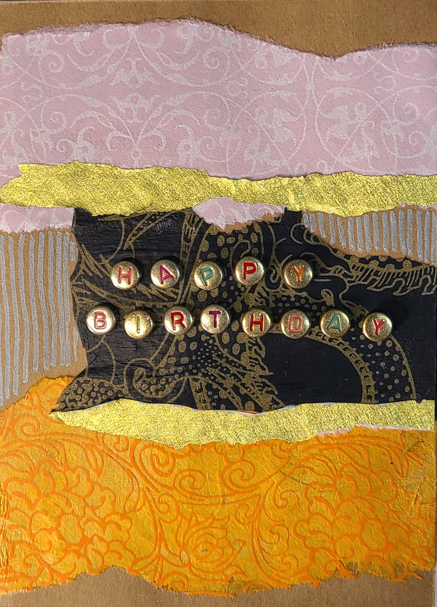 Handmade Multi-media Collage Greeting Cards |Black, Orange, Pink, Gold, Abstract | Birthday, Special Occasion | OOAK