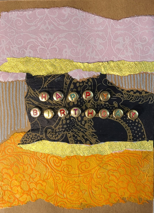 Handmade Multi-media Collage Greeting Cards |Black, Orange, Pink, Gold, Abstract | Birthday, Special Occasion | OOAK