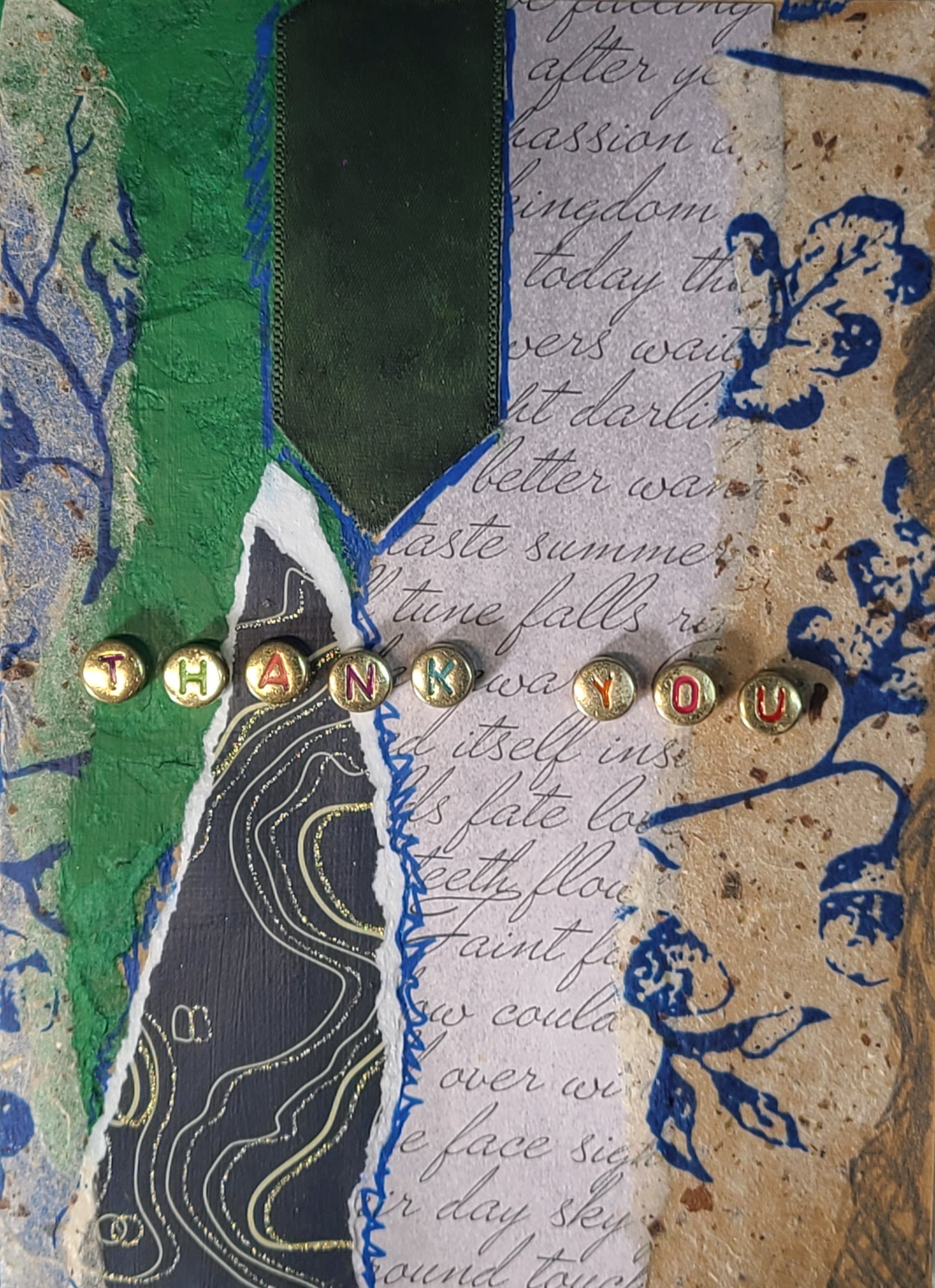 Handmade Multi-media Collage Greeting Cards |Green, Blue, Gold, Abstract | Thank You, Special Occasion | OOAK