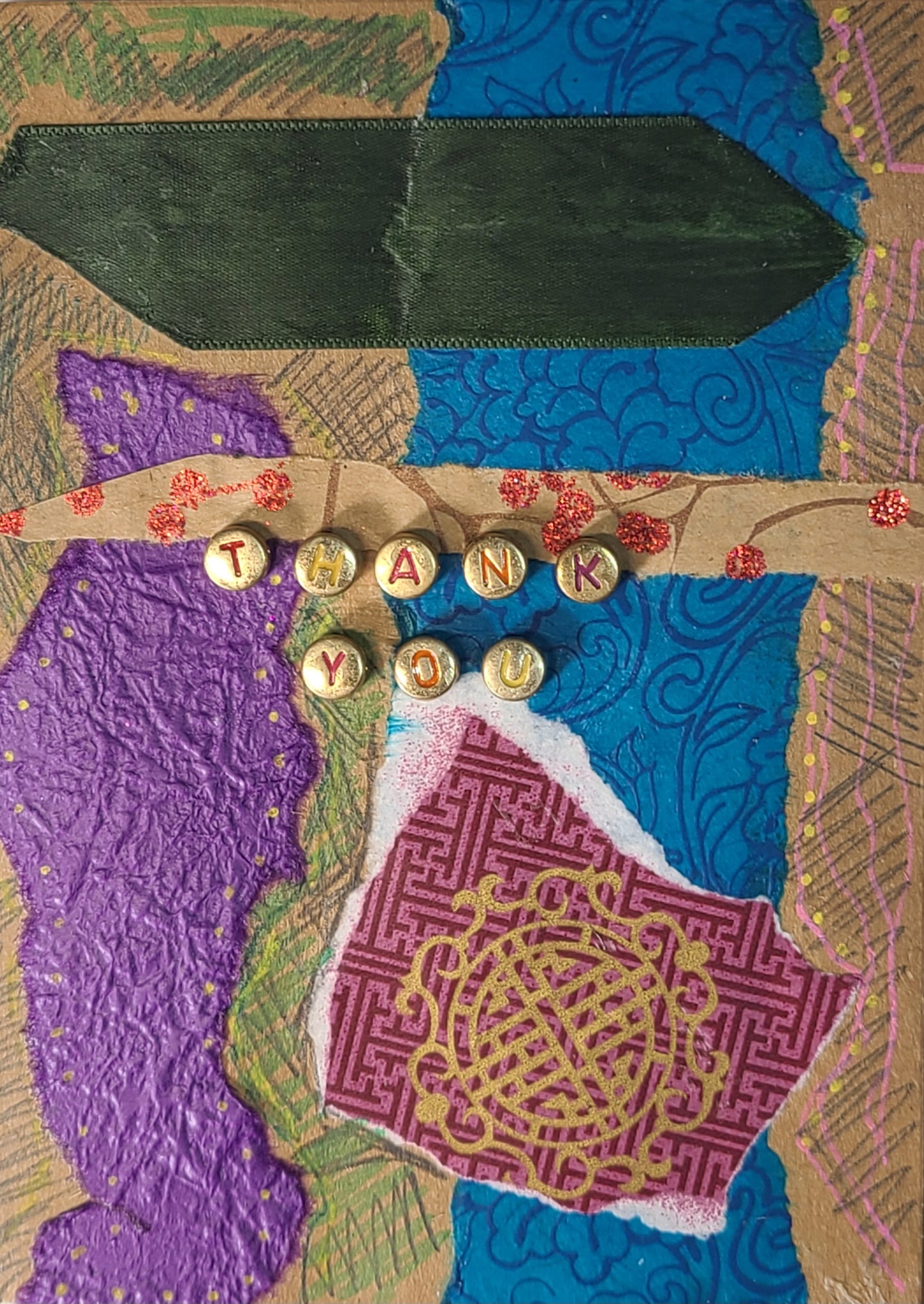 Handmade Multi-media Collage Greeting Cards |Purple, Blue, Green, Abstract | Thank You, Special Occasion | OOAK
