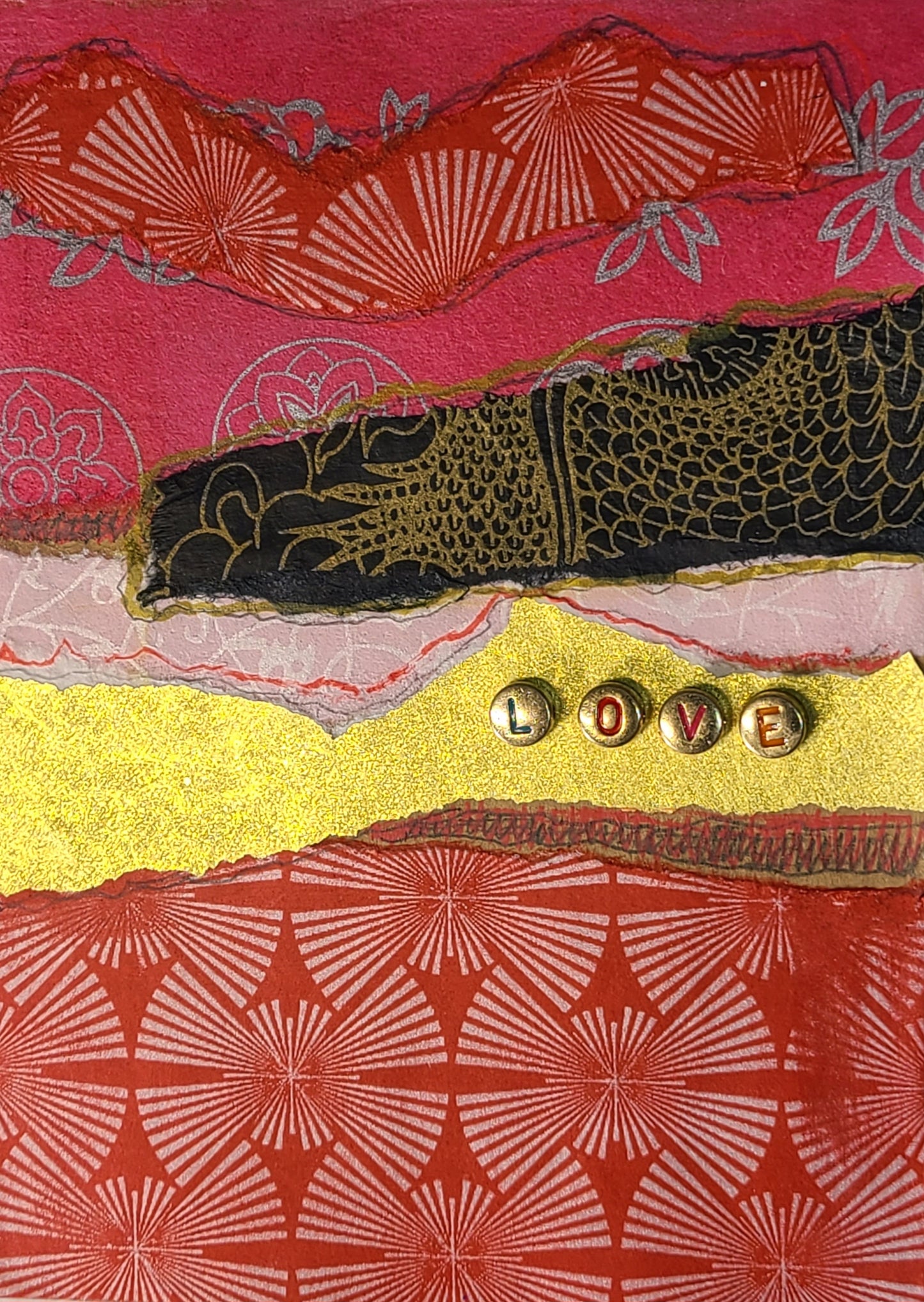 Handmade Multi-media Collage Greeting Cards |Red, Gold, Pink, Black, Abstract | Valentine’s Day, Love, Special Occasion | OOAK