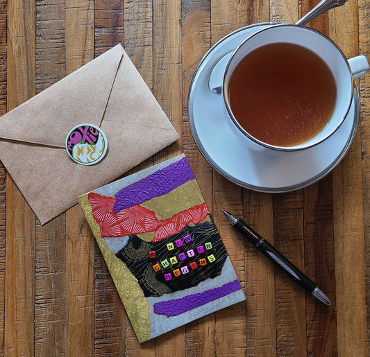 Handmade Multi-media Collage Greeting Cards |Red, Purple, Gold, Black, Abstract | Graduation, New Job, Celebration, Special Occasion | OOAK