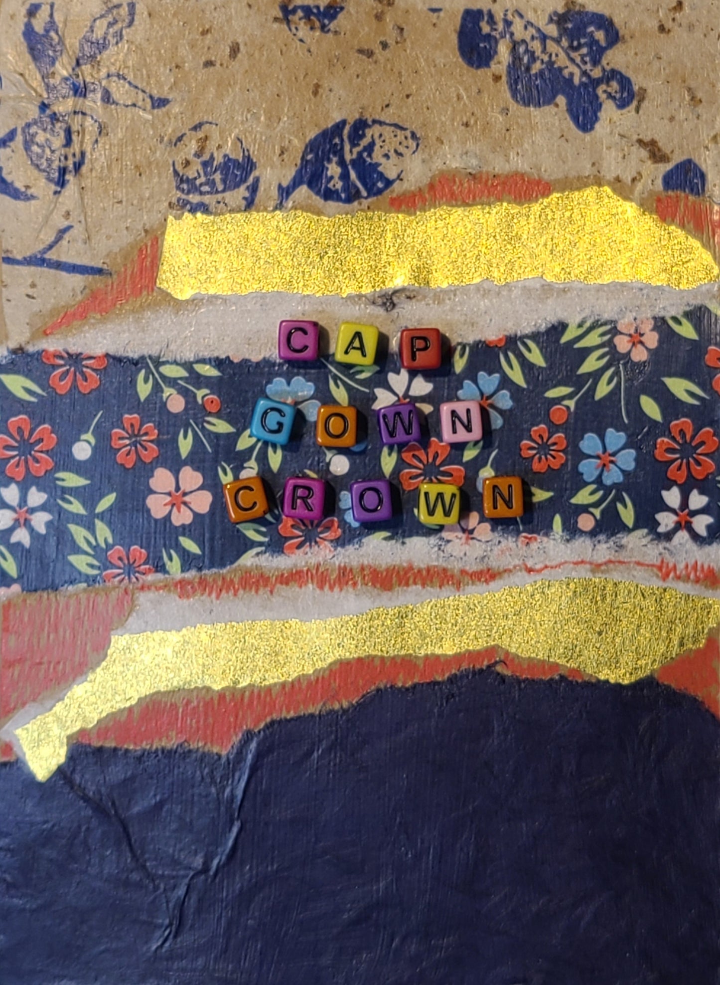 Handmade Multi-media Collage Greeting Cards |Blue, Gold, Floral, Abstract | Graduation, Special Occasion | OOAK