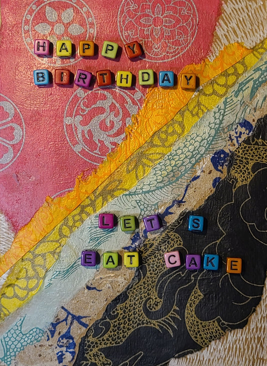 Handmade Multi-media Collage Greeting Cards |Black, Pink, Blue, Yellow, Abstract | Birthday, Special Occasion | OOAK