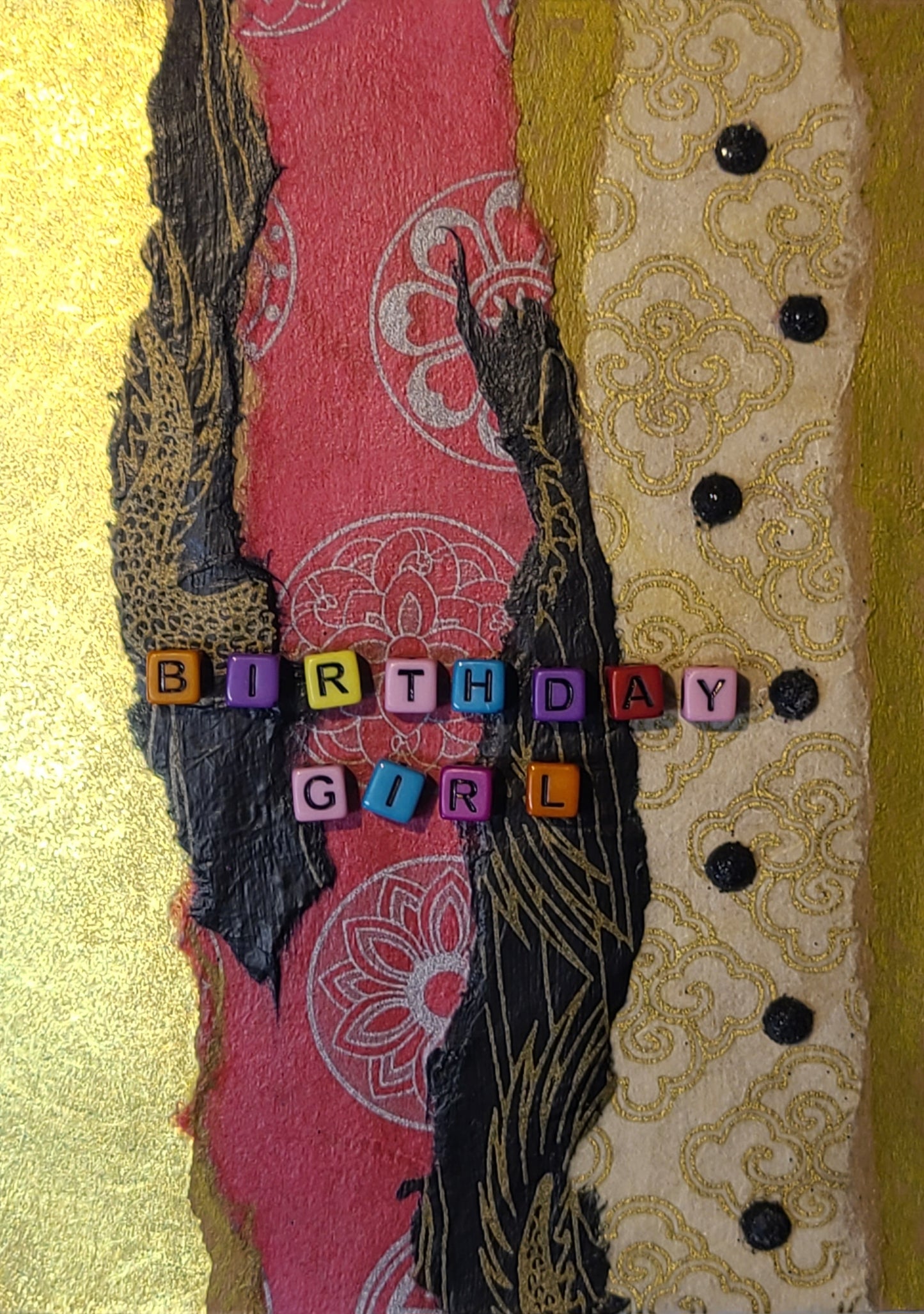 Handmade Multi-media Collage Greeting Cards |Gold, Black, Pink, Abstract | Birthday, Special Occasion | OOAK