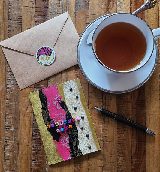 Handmade Multi-media Collage Greeting Cards |Gold, Black, Pink, Abstract | Birthday, Special Occasion | OOAK