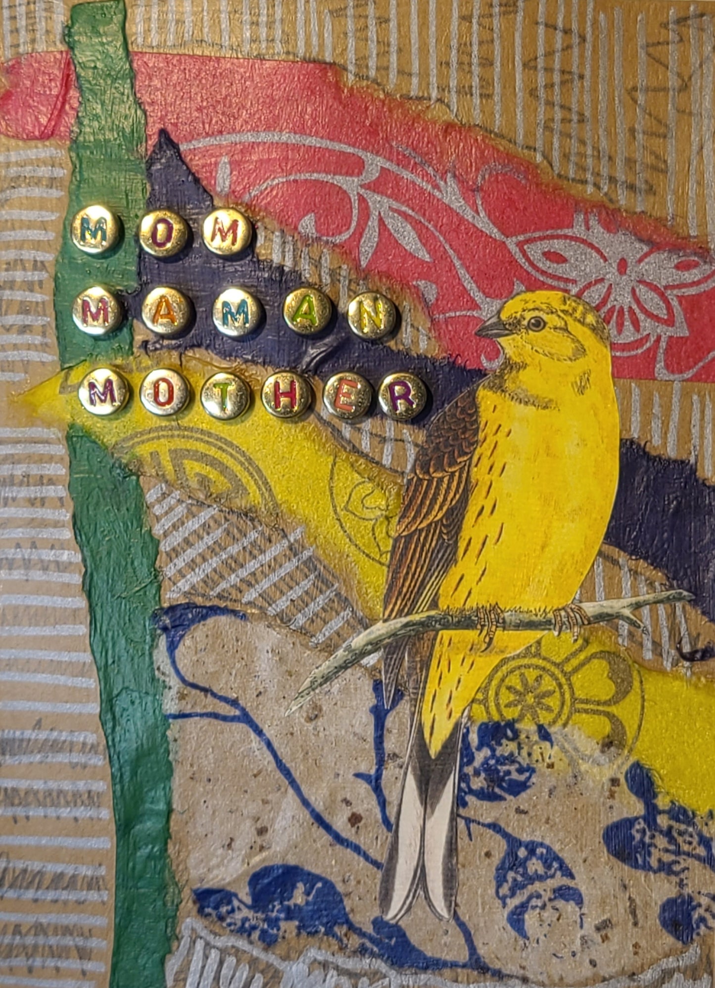 Handmade Multi-media Collage Greeting Cards |Yellow, Blue, Green, Pink, Birds, Abstract | Mother’s Day, Special Occasion | OOAK